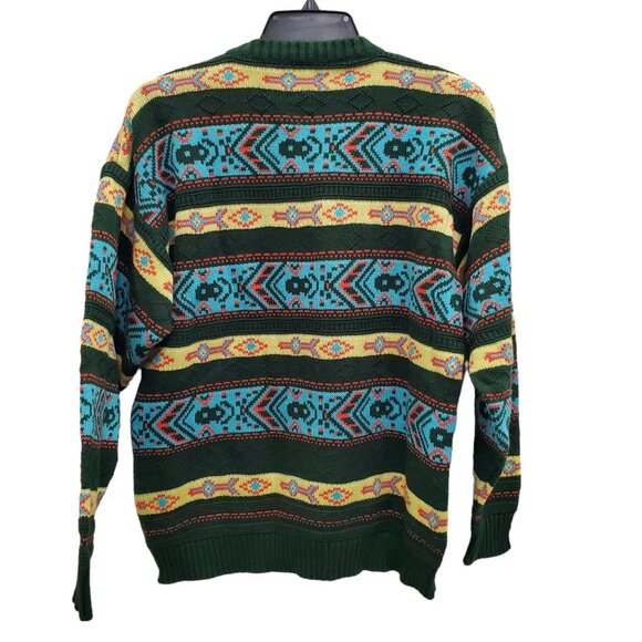Sepa Men's Vintage 1980s‎ Green Yellow Southwestern Navajo Knit Cosby Sweater L - Picture 5 of 6